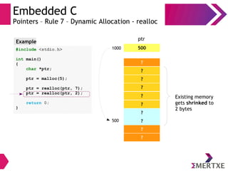 Embedded C
Pointers – Rule 7 – Dynamic Allocation - realloc
?
?
?
?
?
5001000
ptr
500
?
?
?
?
? Existing memory
gets shrinked to
2 bytes
Example
#include <stdio.h>
int main()
{
char *ptr;
ptr = malloc(5);
ptr = realloc(ptr, 7);
ptr = realloc(ptr, 2);
return 0;
}
 