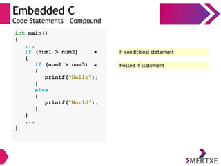 Embedded C
Code Statements - Compound
int main()
{
...
if (num1 > num2)
{
if (num1 > num3)
{
printf(“Hello”);
}
else
{
printf(“World”);
}
}
...
}
If conditional statement
Nested if statement
 