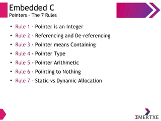 Embedded C
Pointers – The 7 Rules
●
Rule 1 - Pointer is an Integer
●
Rule 2 - Referencing and De-referencing
●
Rule 3 - Pointer means Containing
●
Rule 4 - Pointer Type
●
Rule 5 - Pointer Arithmetic
●
Rule 6 - Pointing to Nothing
●
Rule 7 - Static vs Dynamic Allocation
 