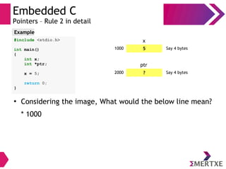 Embedded C
Pointers – Rule 2 in detail
#include <stdio.h>
int main()
{
int x;
int *ptr;
x = 5;
return 0;
}
Example
51000 Say 4 bytes
x
?2000 Say 4 bytes
ptr
●
Considering the image, What would the below line mean?
* 1000
 