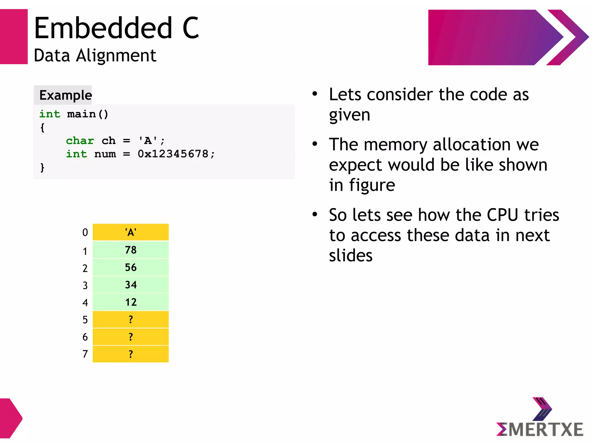 Embedded C
Data Alignment
int main()
{
char ch = 'A';
int num = 0x12345678;
}
Example ●
Lets consider the code as
given
●
The memory allocation we
expect would be like shown
in figure
●
So lets see how the CPU tries
to access these data in next
slides
'A'
78
56
34
12
?
?
?
0
1
2
3
4
5
6
7
 