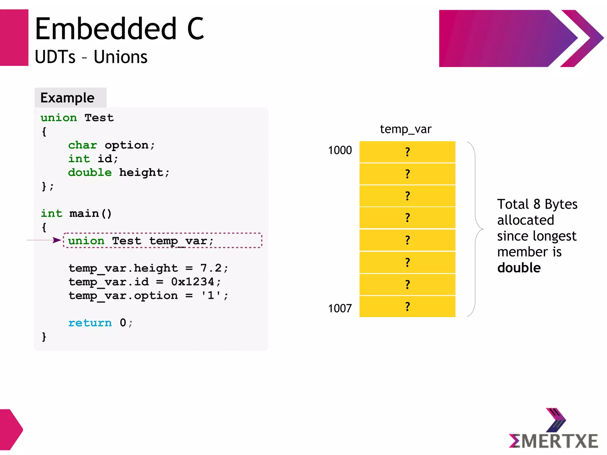 Embedded C
UDTs – Unions
union Test
{
char option;
int id;
double height;
};
int main()
{
union Test temp_var;
temp_var.height = 7.2;
temp_var.id = 0x1234;
temp_var.option = '1';
return 0;
}
Example
?
?
?
?
1000 ?
?
?
?
1007
Total 8 Bytes
allocated
since longest
member is
double
temp_var
 