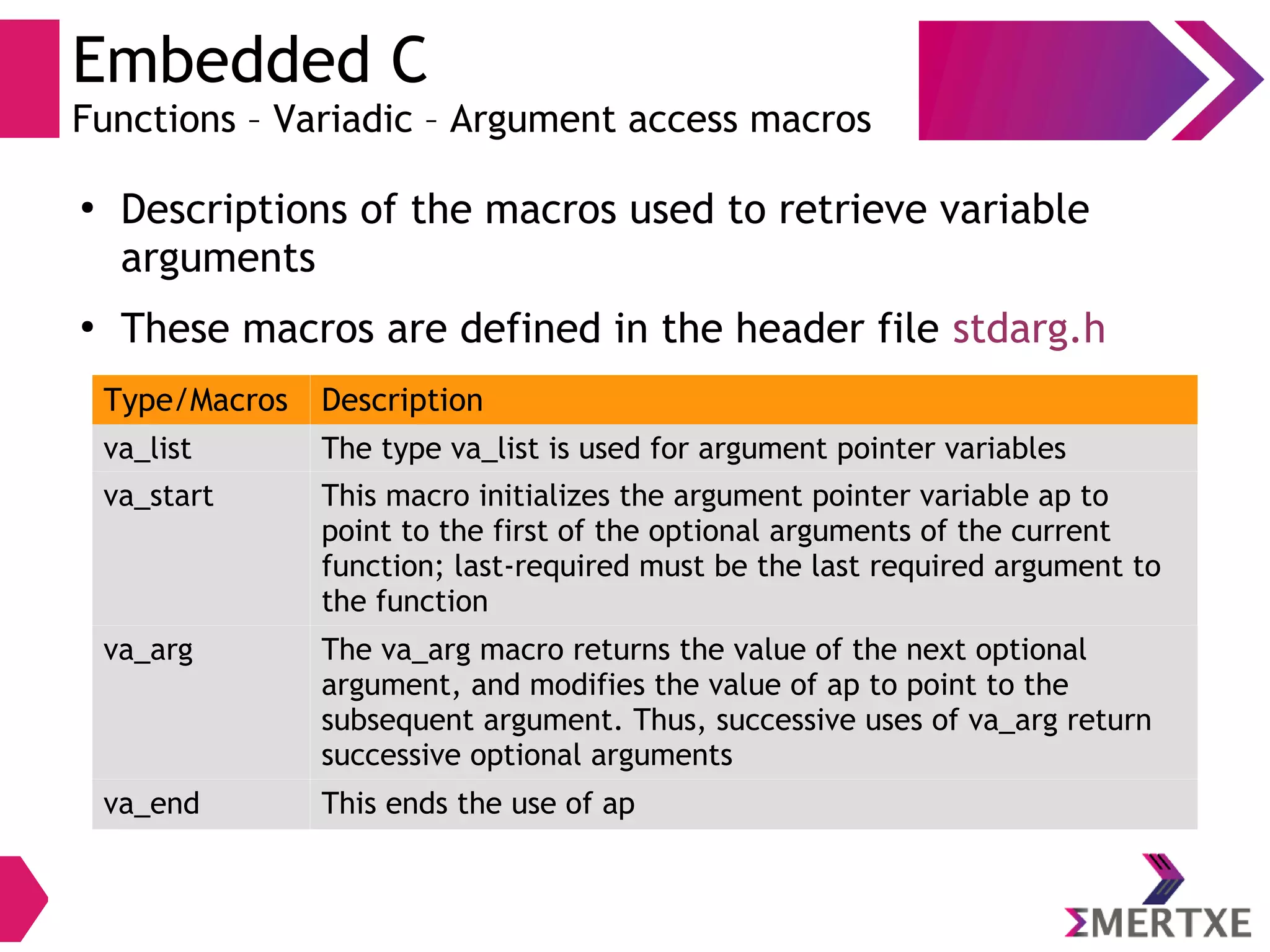 Embedded C
Functions – Variadic – Argument access macros
●
Descriptions of the macros used to retrieve variable
arguments
●
These macros are defined in the header file stdarg.h
Type/Macros Description
va_list The type va_list is used for argument pointer variables
va_start This macro initializes the argument pointer variable ap to
point to the first of the optional arguments of the current
function; last-required must be the last required argument to
the function
va_arg The va_arg macro returns the value of the next optional
argument, and modifies the value of ap to point to the
subsequent argument. Thus, successive uses of va_arg return
successive optional arguments
va_end This ends the use of ap
 