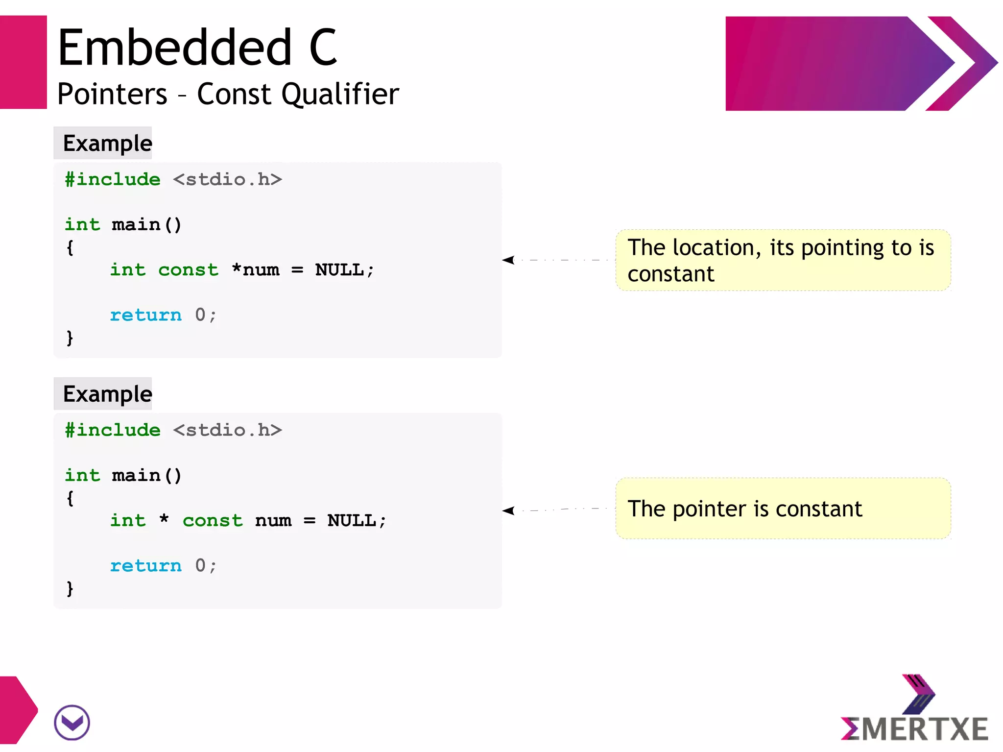 Embedded C
Pointers – Const Qualifier
#include <stdio.h>
int main()
{
int const *num = NULL;
return 0;
}
Example
The location, its pointing to is
constant
#include <stdio.h>
int main()
{
int * const num = NULL;
return 0;
}
Example
The pointer is constant
 
