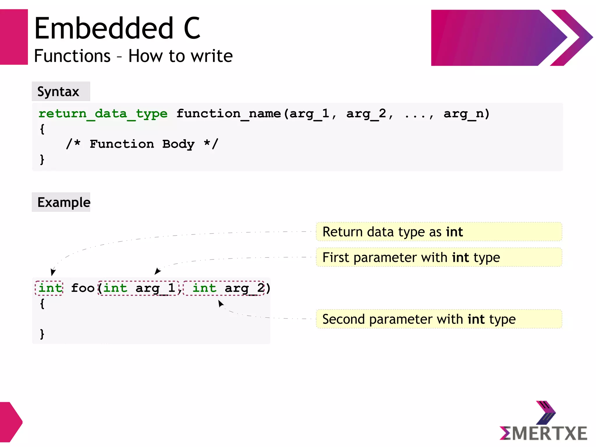 Embedded C
Functions – How to write
Syntax
return_data_type function_name(arg_1, arg_2, ..., arg_n)
{
/* Function Body */
}
Example
int foo(int arg_1, int arg_2)
{
}
Return data type as int
First parameter with int type
Second parameter with int type
 