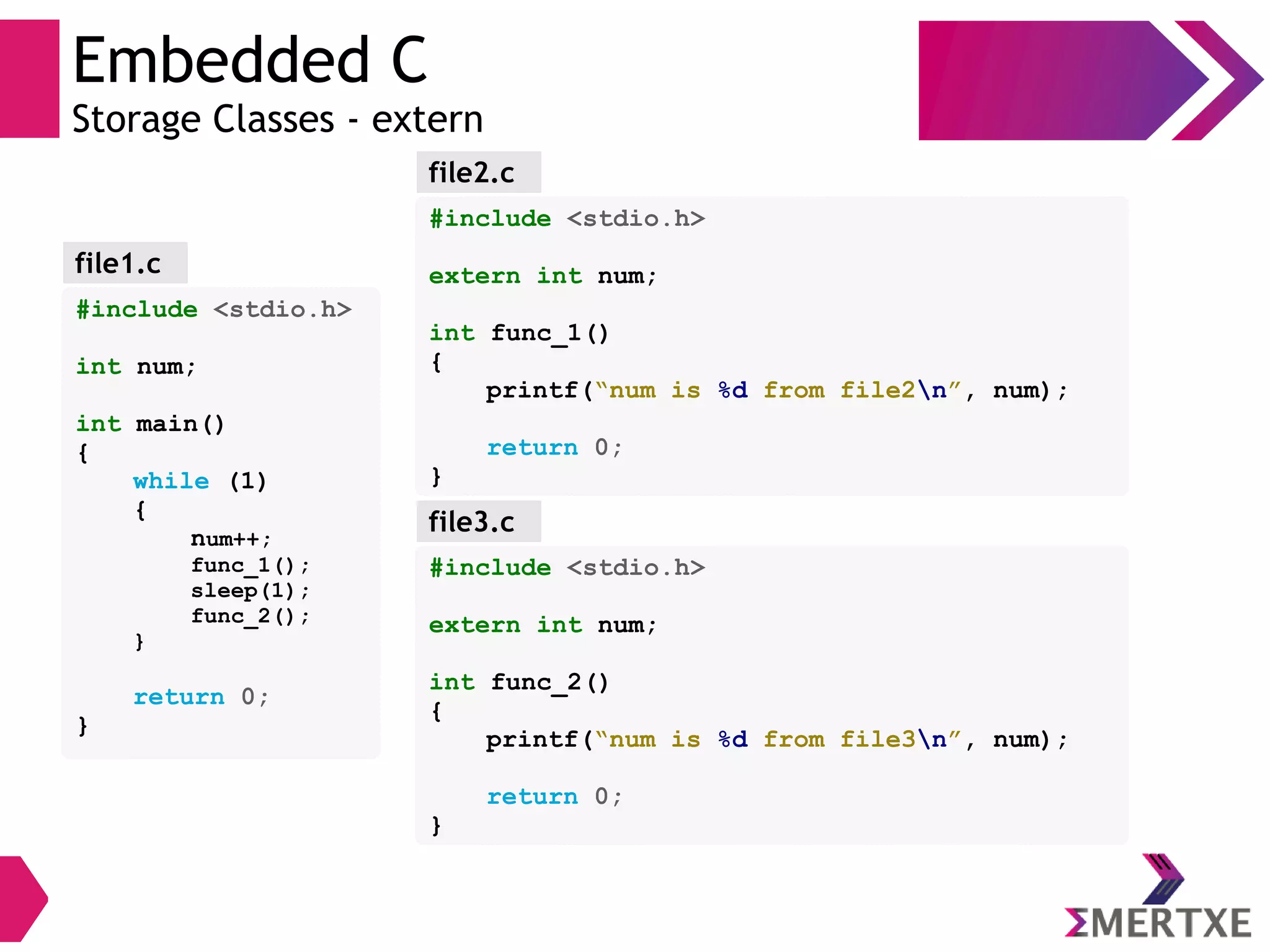 Embedded C
Storage Classes - extern
#include <stdio.h>
int num;
int main()
{
while (1)
{
num++;
func_1();
sleep(1);
func_2();
}
return 0;
}
file1.c
#include <stdio.h>
extern int num;
int func_1()
{
printf(“num is %d from file2n”, num);
return 0;
}
file2.c
file3.c
#include <stdio.h>
extern int num;
int func_2()
{
printf(“num is %d from file3n”, num);
return 0;
}
 