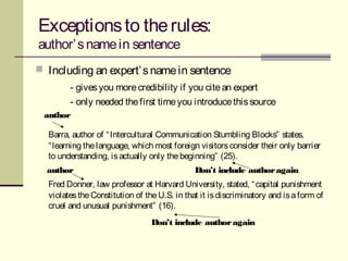 Exceptionsto therules:
author’snamein sentence
 Including an expert’snamein sentence
- givesyou morecredibility if you citean expert
- only needed thefirst timeyou introducethissource
Barra, author of “Intercultural Communication Stumbling Blocks” states,
“learning thelanguage, which most foreign visitorsconsider their only barrier
to understanding, isactually only thebeginning” (25).
Fred Donner, law professor at Harvard University, stated, “capital punishment
violatestheConstitution of theU.S. in that it isdiscriminatory and isaform of
cruel and unusual punishment” (16).
author
author
Don’t include authoragain
Don’t include authoragain
 