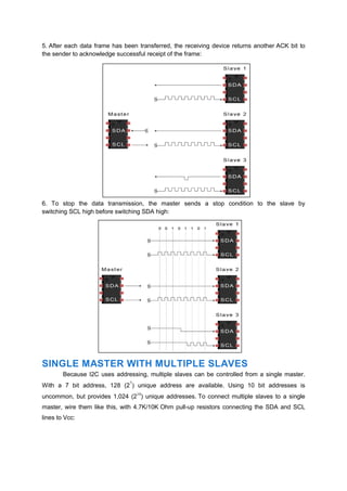 5. After each data frame has been transferred, the receiving device returns another ACK bit to
the sender to acknowledge successful receipt of the frame:
6. To stop the data transmission, the master sends a stop condition to the slave by
switching SCL high before switching SDA high:
SINGLE MASTER WITH MULTIPLE SLAVES
Because I2C uses addressing, multiple slaves can be controlled from a single master.
With a 7 bit address, 128 (27
) unique address are available. Using 10 bit addresses is
uncommon, but provides 1,024 (210
) unique addresses. To connect multiple slaves to a single
master, wire them like this, with 4.7K/10K Ohm pull-up resistors connecting the SDA and SCL
lines to Vcc:
 