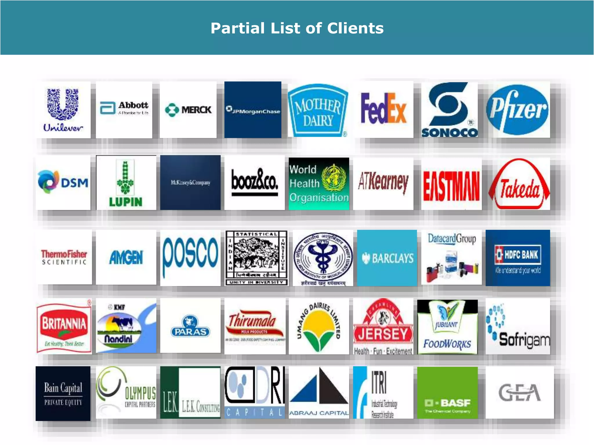 A partial List of our Clients
We are the trusted business partners to the
world's leading corporates, governments, and
institutions
Partial List of Clients
 