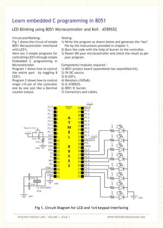 RESEARCH DESIGN LABS | VOLUME 1, ISSUE 1 WWW.RESEARCHDESIGNLAB.COM
Learn embedded C programming in 8051
Circuit and Working:
Fig.1 shows the circuit of simple
8051 Microcontroller interfaced
with LED’s.
Here are 3 simple programs for
controlling LED’s through simple
Embedded C programming in
Microcontroller.
Program 1 shows how to control
the entire port by toggling 8
LED’s.
Program 2 shows how to control
single I/O pin of the controller
one by one just like a Decimal
counter output.
Testing:
1) Write the program as shown below and generate the ‘hex’
file by the instructions provided in chapter 1.
2) Burn the code with the help of burner to the controller.
3) Power ON your microcontroller and check the result as per
your program.
Components/modules required :
1) 8051 project board (assembled/non assembled kit).
2) 5V DC source.
3) 8 LED’s.
4) Resistors (1KΩx8).
5) IC AT89S52.
6) 8051 IC burner.
7) Connectors and cables.
Fig 1. Circuit Diagram for LCD and 1x4 keypad interfacing
LED Blinking using 8051 Microcontroller and Keil – AT89S52
 