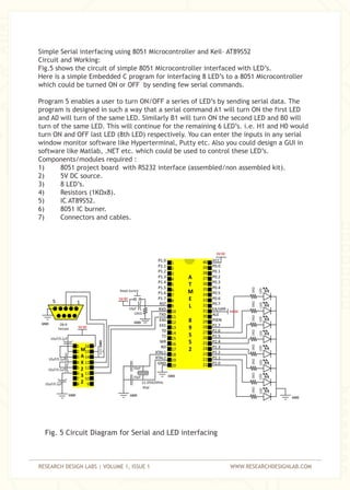 RESEARCH DESIGN LABS | VOLUME 1, ISSUE 1 WWW.RESEARCHDESIGNLAB.COM
Simple Serial interfacing using 8051 Microcontroller and Keil– AT89S52
Circuit and Working:
Fig.5 shows the circuit of simple 8051 Microcontroller interfaced with LED’s.
Here is a simple Embedded C program for interfacing 8 LED’s to a 8051 Microcontroller
which could be turned ON or OFF by sending few serial commands.
Program 5 enables a user to turn ON/OFF a series of LED’s by sending serial data. The
program is designed in such a way that a serial command A1 will turn ON the first LED
and A0 will turn of the same LED. Similarly B1 will turn ON the second LED and B0 will
turn of the same LED. This will continue for the remaining 6 LED’s. i.e. H1 and H0 would
turn ON and OFF last LED (8th LED) respectively. You can enter the inputs in any serial
window monitor software like Hyperterminal, Putty etc. Also you could design a GUI in
software like Matlab, .NET etc. which could be used to control these LED’s.
Components/modules required :
1) 8051 project board with RS232 interface (assembled/non assembled kit).
2) 5V DC source.
3) 8 LED’s.
4) Resistors (1KΩx8).
5) IC AT89S52.
6) 8051 IC burner.
7) Connectors and cables.
Fig. 5 Circuit Diagram for Serial and LED interfacing
 