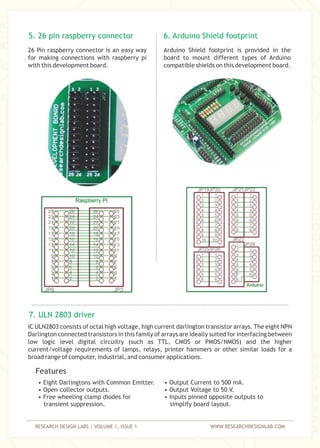 RESEARCH DESIGN LABS | VOLUME 1, ISSUE 1 WWW.RESEARCHDESIGNLAB.COM
26 Pin raspberry connector is an easy way
for making connections with raspberry pi
with this development board.
5. 26 pin raspberry connector 6. Arduino Shield footprint
Arduino Shield footprint is provided in the
board to mount different types of Arduino
compatible shields on this development board.
IC ULN2803 consists of octal high voltage, high current darlington transistor arrays. The eight NPN
Darlington connected transistors in this family of arrays are ideally suited for interfacing between
low logic level digital circuitry (such as TTL, CMOS or PMOS/NMOS) and the higher
current/voltage requirements of lamps, relays, printer hammers or other similar loads for a
broad range of computer, industrial, and consumer applications.
7. ULN 2803 driver
• Eight Darlingtons with Common Emitter.
• Open–collector outputs.
• Free wheeling clamp diodes for
transient suppression.
Features
• Output Current to 500 mA.
• Output Voltage to 50 V.
• Inputs pinned opposite outputs to
simplify board layout.
 