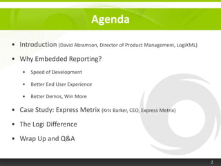 AgendaIntroduction (David Abramson, Director of Product Management, LogiXML)