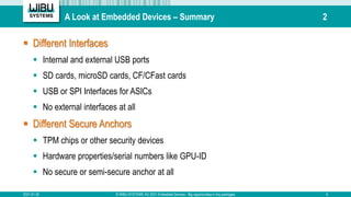 A Look at Embedded Devices – Summary 2
 Different Interfaces
 Internal and external USB ports
 SD cards, microSD cards,...