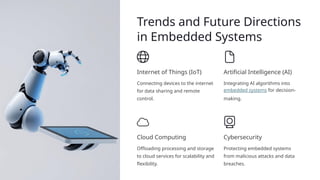Trends and Future Directions
in Embedded Systems
Internet of Things (IoT)
Connecting devices to the internet
for data sharing and remote
control.
Artificial Intelligence (AI)
Integrating AI algorithms into
embedded systems for decision-
making.
Cloud Computing
Offloading processing and storage
to cloud services for scalability and
flexibility.
Cybersecurity
Protecting embedded systems
from malicious attacks and data
breaches.
 