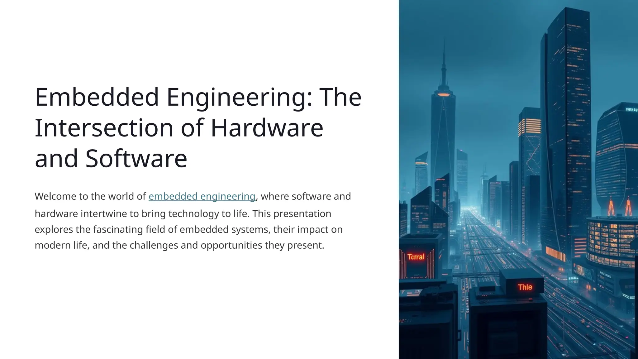 Embedded Engineering: The
Intersection of Hardware
and Software
Welcome to the world of embedded engineering, where software and
hardware intertwine to bring technology to life. This presentation
explores the fascinating field of embedded systems, their impact on
modern life, and the challenges and opportunities they present.
 