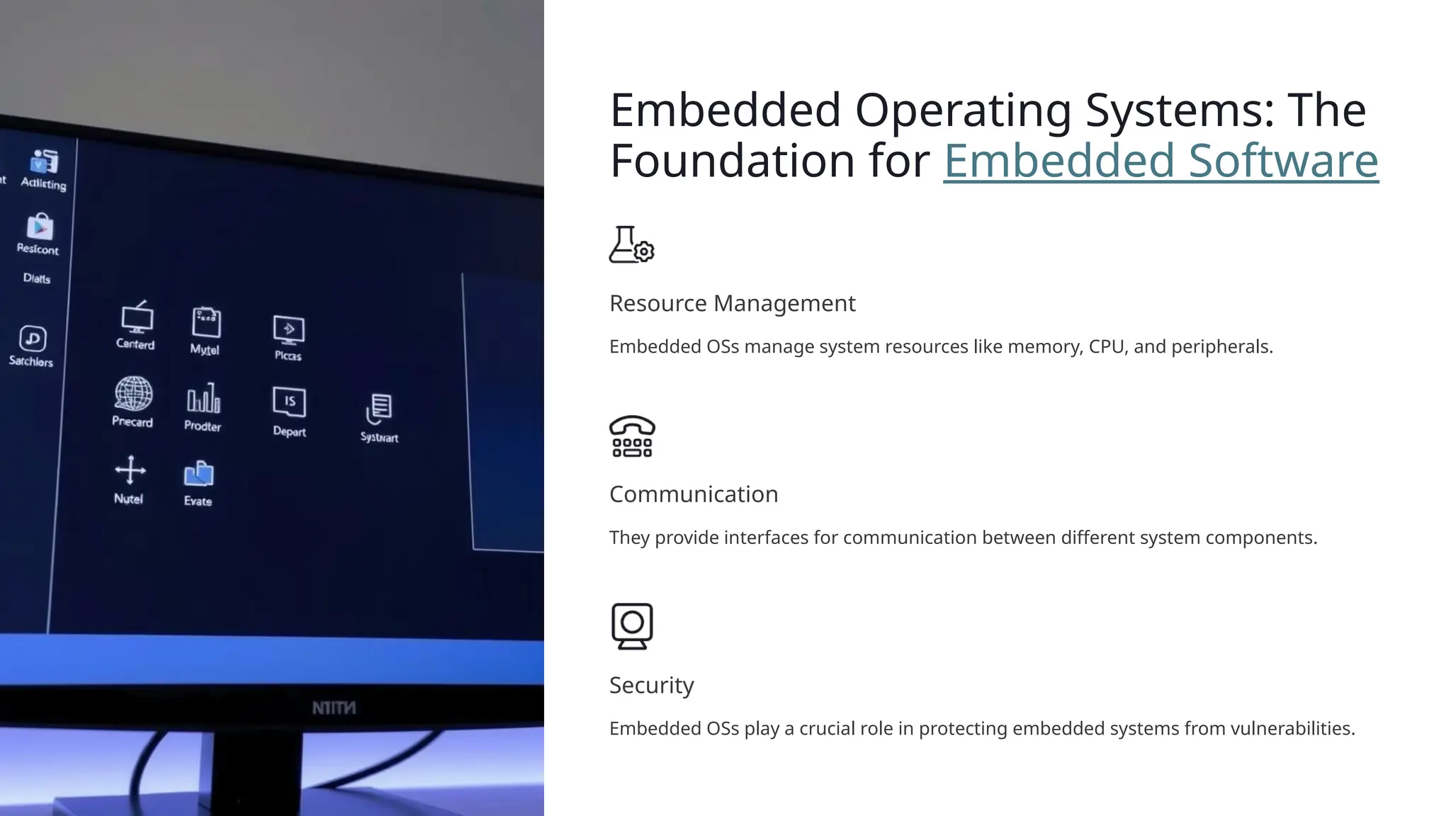 Embedded Operating Systems: The
Foundation for Embedded Software
Resource Management
Embedded OSs manage system resources like memory, CPU, and peripherals.
Communication
They provide interfaces for communication between different system components.
Security
Embedded OSs play a crucial role in protecting embedded systems from vulnerabilities.
 