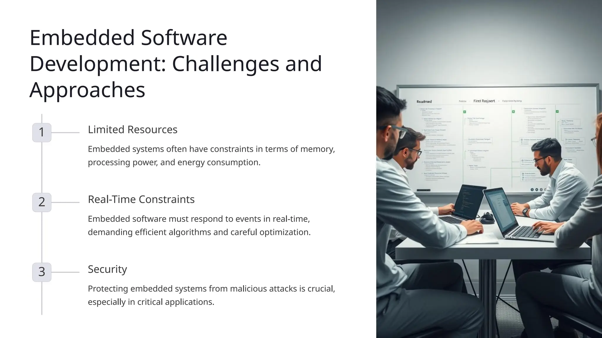Embedded Software
Development: Challenges and
Approaches
1 Limited Resources
Embedded systems often have constraints in terms of memory,
processing power, and energy consumption.
2 Real-Time Constraints
Embedded software must respond to events in real-time,
demanding efficient algorithms and careful optimization.
3 Security
Protecting embedded systems from malicious attacks is crucial,
especially in critical applications.
 