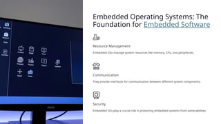 Embedded Operating Systems: The
Foundation for Embedded Software
Resource Management
Embedded OSs manage system resources like memory, CPU, and peripherals.
Communication
They provide interfaces for communication between different system components.
Security
Embedded OSs play a crucial role in protecting embedded systems from vulnerabilities.
 