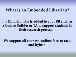 What is an Embedded Librarian?

…a librarian who is added to your BB shell as
a Course Builder or TA to support students in
           their research process…


We support all courses: online, face-to-face,
                and hybrid.
 