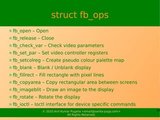 struct fb_ops
fb_open – Open
fb_release – Close
fb_check_var – Check video parameters
fb_set_par – Set video controller re...