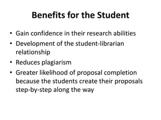 Benefits for the Student
• Gain confidence in their research abilities
• Development of the student-librarian
relationship
• Reduces plagiarism
• Greater likelihood of proposal completion
because the students create their proposals
step-by-step along the way
 