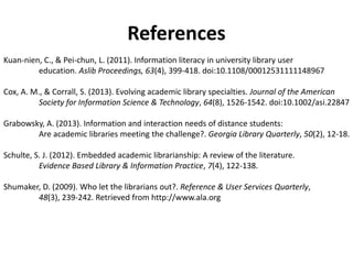 References
Kuan-nien, C., & Pei-chun, L. (2011). Information literacy in university library user
education. Aslib Proceedings, 63(4), 399-418. doi:10.1108/00012531111148967
Cox, A. M., & Corrall, S. (2013). Evolving academic library specialties. Journal of the American
Society for Information Science & Technology, 64(8), 1526-1542. doi:10.1002/asi.22847
Grabowsky, A. (2013). Information and interaction needs of distance students:
Are academic libraries meeting the challenge?. Georgia Library Quarterly, 50(2), 12-18.
Schulte, S. J. (2012). Embedded academic librarianship: A review of the literature.
Evidence Based Library & Information Practice, 7(4), 122-138.
Shumaker, D. (2009). Who let the librarians out?. Reference & User Services Quarterly,
48(3), 239-242. Retrieved from http://www.ala.org
 