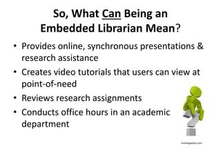 So, What Can Being an
Embedded Librarian Mean?
• Provides online, synchronous presentations &
research assistance
• Creates video tutorials that users can view at
point-of-need
• Reviews research assignments
• Conducts office hours in an academic
department
Jordangadsby.com
 