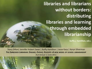 libraries and librarians without borders:  distributing  libraries and learning through embedded librarianship buffy j. hamilton, ed.s.  Stacy Dillon| Jennifer Hubert Swan | Buffy Hamilton | Jesse Karp | Karyn SilvermanThe Embedded Librarian: Engage, Evolve, Educate--A new model of school librarianship  ALA Annual || June 2011 