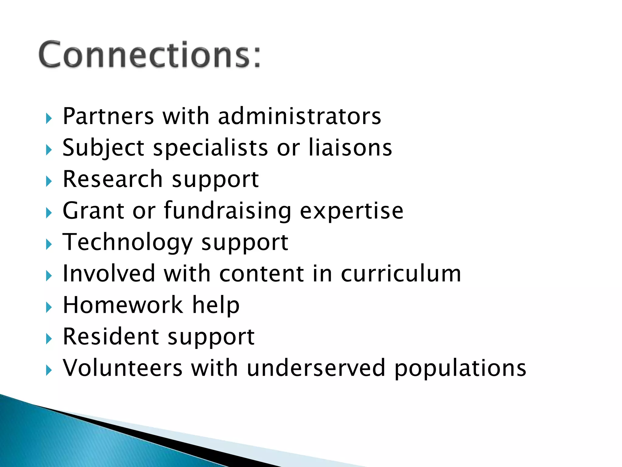  Partners with administrators
 Subject specialists or liaisons
 Research support
 Grant or fundraising expertise
 Technology support
 Involved with content in curriculum
 Homework help
 Resident support
 Volunteers with underserved populations
 