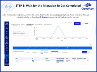 After initiating the migration, wait for the entire data transfer process to get completed. As an enterprise-focused
migration platform, CloudFuze X-Change ensures market-leading transfer speeds.
STEP 3: Wait for the Migration To Get Completed
 