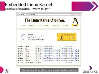 Embedded Linux Kernel
General Information – Where to get?
Note: Snapshot of www.kernel.org. Expect changes on updates
 