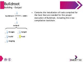 Buildroot
Building - Output
● Contains the installation of tools compiled for
the host that are needed for the proper
exec...