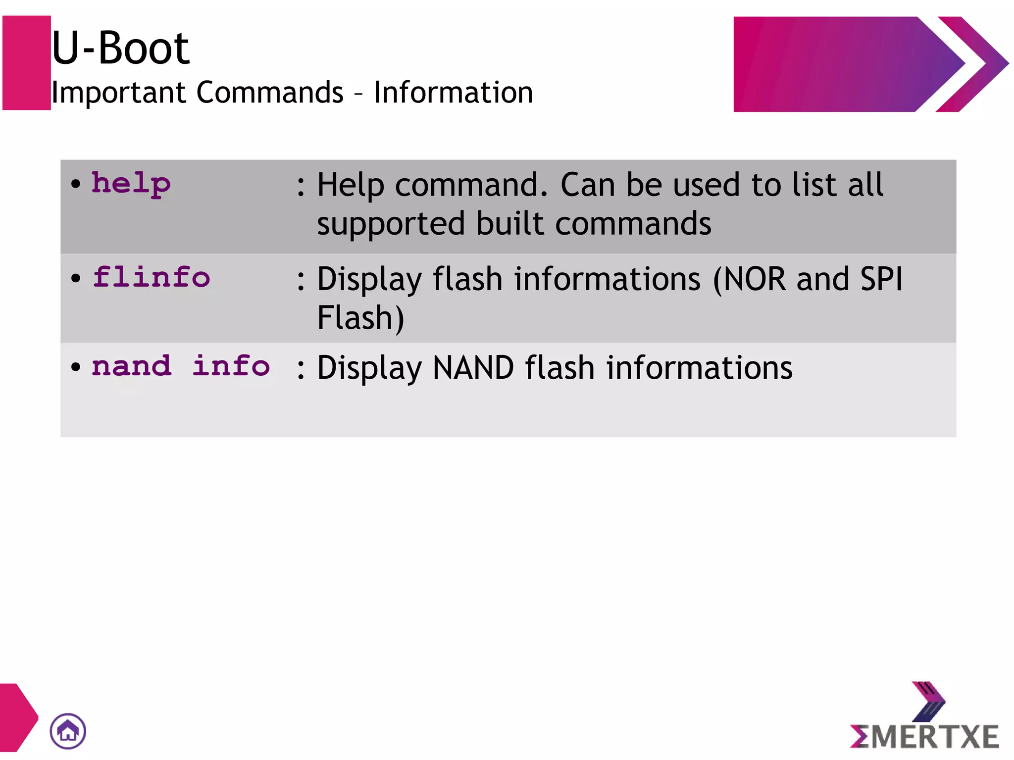 U-Boot
Important Commands – Information
● help : Help command. Can be used to list all
supported built commands
● flinfo : Display flash informations (NOR and SPI
Flash)
● nand info : Display NAND flash informations
 