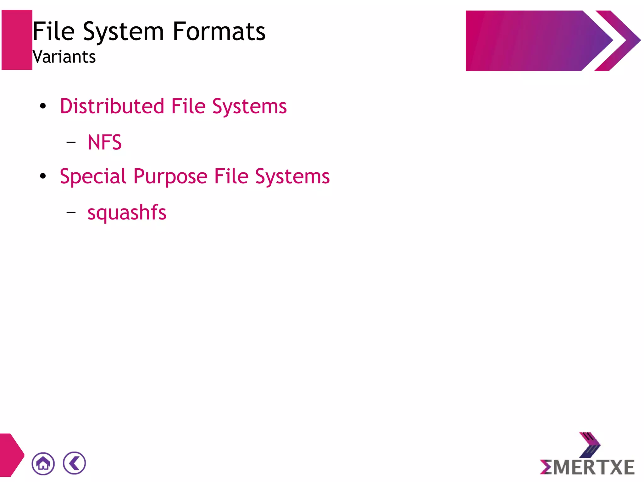 File System Formats
Variants
●
Distributed File Systems
– NFS
●
Special Purpose File Systems
– squashfs
 