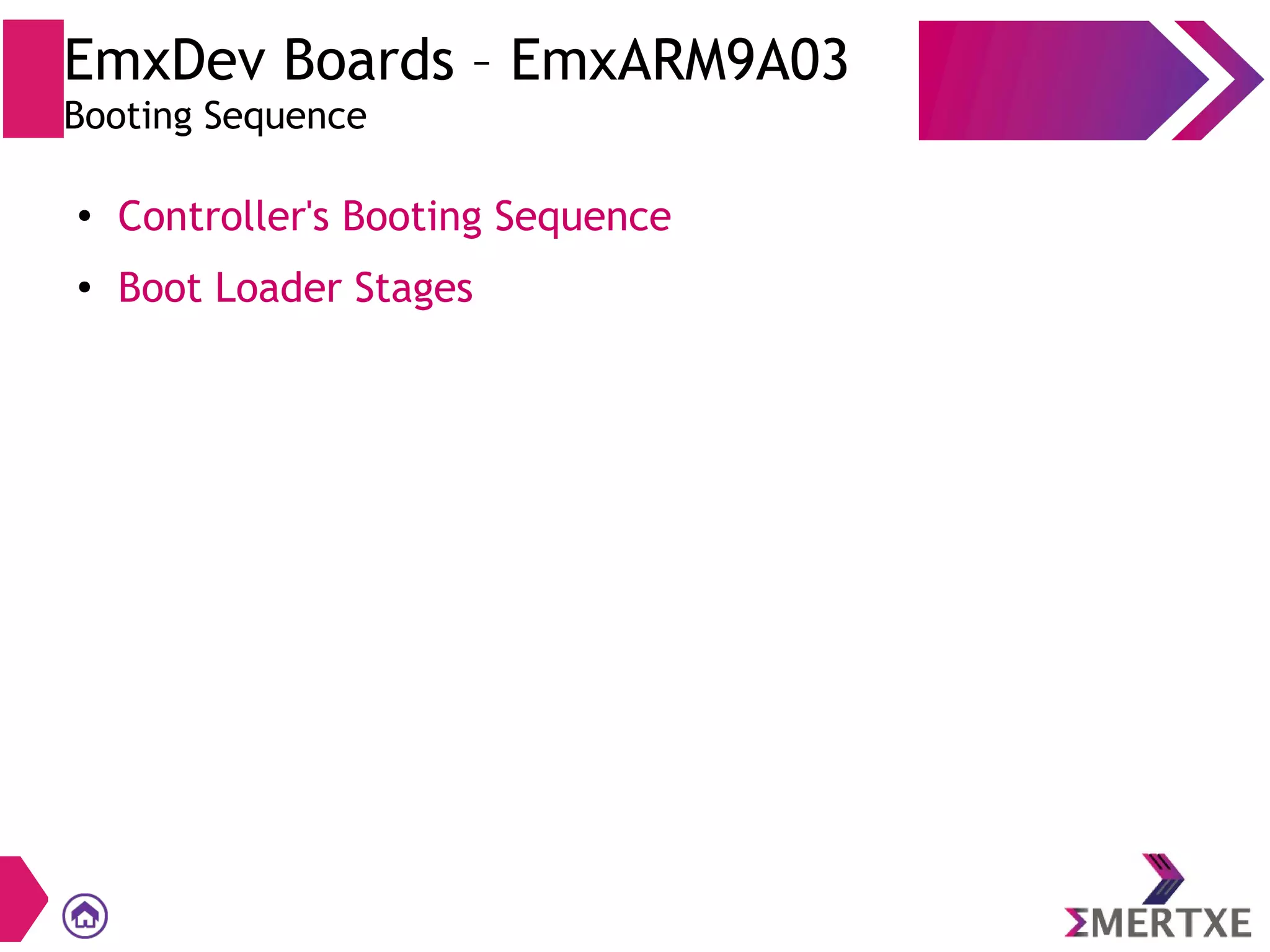 EmxDev Boards – EmxARM9A03
Booting Sequence
●
Controller's Booting Sequence
●
Boot Loader Stages
 