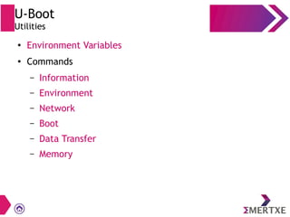 U-Boot
Utilities
●
Environment Variables
●
Commands
– Information
– Environment
– Network
– Boot
– Data Transfer
– Memory
 