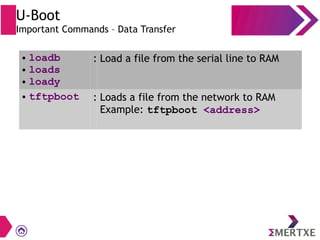 U-Boot
Important Commands – Data Transfer
● loadb
● loads
● loady
: Load a file from the serial line to RAM
● tftpboot : Loads a file from the network to RAM
Example: tftpboot <address>
 