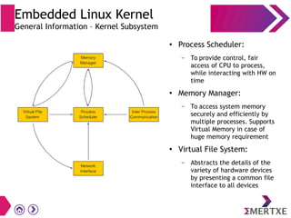 Embedded Linux Kernel
General Information – Kernel Subsystem
● Process Scheduler:
– To provide control, fair
access of CPU to process,
while interacting with HW on
time
●
Memory Manager:
– To access system memory
securely and efficiently by
multiple processes. Supports
Virtual Memory in case of
huge memory requirement
● Virtual File System:
– Abstracts the details of the
variety of hardware devices
by presenting a common file
interface to all devices
 