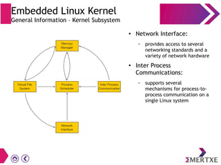 Embedded Linux Kernel
General Information – Kernel Subsystem
● Network Interface:
– provides access to several
networking standards and a
variety of network hardware
● Inter Process
Communications:
– supports several
mechanisms for process-to-
process communication on a
single Linux system
 