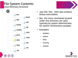 File System Contents
Linux Directory Structure
● Just like /bin, /sbin also contains
binary executables
● But, the Linux commands located
under this directory are used
typically by system administrator,
for system maintenance purpose.
● Examples:
– iptables
– reboot
– fdisk
– ifconfig
– swapon
sbin
tmp
sys
usr
var
bin
dev
home
media
proc
boot
etc
lib
mnt
root
 