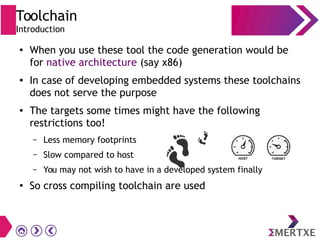 Toolchain
Introduction
●
When you use these tool the code generation would be
for native architecture (say x86)
● In case of developing embedded systems these toolchains
does not serve the purpose
● The targets some times might have the following
restrictions too!
– Less memory footprints
– Slow compared to host
– You may not wish to have in a developed system finally
● So cross compiling toolchain are used
 