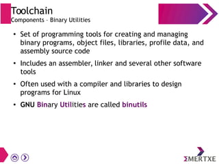 Toolchain
Components – Binary Utilities
●
Set of programming tools for creating and managing
binary programs, object files, libraries, profile data, and
assembly source code
●
Includes an assembler, linker and several other software
tools
●
Often used with a compiler and libraries to design
programs for Linux
● GNU Binary Utilities are called binutils
 