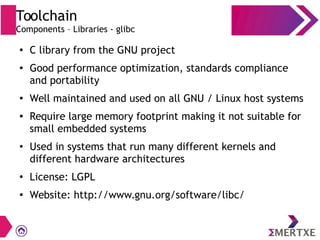 Toolchain
Components – Libraries - glibc
●
C library from the GNU project
●
Good performance optimization, standards compliance
and portability
●
Well maintained and used on all GNU / Linux host systems
●
Require large memory footprint making it not suitable for
small embedded systems
● Used in systems that run many different kernels and
different hardware architectures
●
License: LGPL
●
Website: http://www.gnu.org/software/libc/
 