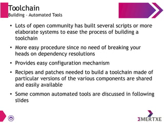 Toolchain
Building – Automated Tools
●
Lots of open community has built several scripts or more
elaborate systems to ease the process of building a
toolchain
●
More easy procedure since no need of breaking your
heads on dependency resolutions
●
Provides easy configuration mechanism
●
Recipes and patches needed to build a toolchain made of
particular versions of the various components are shared
and easily available
● Some common automated tools are discussed in following
slides
 