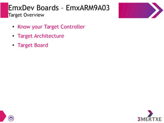 EmxDev Boards – EmxARM9A03
Target Overview
●
Know your Target Controller
● Target Architecture
●
Target Board
 
