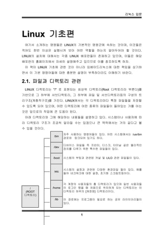 리눅스 입문




Linux 기초편
 여기서 소개하는 명령들은 LINUX의 기본적인 명령군에 속하는 것이며, 이것들은
적어도 한번 이상은 실행시켜 보아 어떤 역할을 하는지 알아두어야 할 것이다.
LINUX의 설치에 대해서는 각종 LINUX 배포판들이 존재하고 있으며, 이들은 해당
배포판의 홈페이지에서 자세히 설명해주고 있으므로 이를 참조하도록 하자.
 이 책이 LINUX 기초에 관한 것이 아니라 임베이드리눅스에 대한 책임을 상기하
면서 이 기본 명령어들에 대한 충분한 설명이 부족하더라도 이해하기 바란다.

2.1. 파일과 디렉토리 관련
 LINUX 디렉토리는 "/" 로 표현되는 최상위 디렉토리(Root 디렉토리라 부른다)를
기반으로 그 하부에 서브디렉토리, 그 하부에 파일 및 서브디렉토리등의 구성의 트
리구조(계층적구조)를 가진다. LINUX에서는 각 디렉토리마다 특정 파일들을 저장할
수 있도록 되어 있으며, 어떤 디렉토리에 어떤 종류의 파일들이 들어있는 가를 아는
것은 앞으로의 작업에 큰 도움이 된다.
 아래 디렉토리와 그에 해당하는 내용들을 설명하고 있다. 시스템이나 사용자에 따
라 디렉토리 구조가 조금씩 달라질 수는 있겠으나 큰 맥락에서는 거의 같다고 볼
수 있을 것이다.
                    자주 사용하는 명령어들이 있다. 어떤 시스템에서는 /usr/bin
             /bin
                    경로와 링크되어 있기도 하다.

                    디바이스 파일들 즉 프린터, 디스크, 터미날 같은 물리적인
            /dev
                    장치를 다루기 위한 특수한 파일들이 있다.


            /boot   시스템의 부팅과 관련된 커널 및 LILO 관련 파일들이 있다.



                    시스템의 설정과 관련된 다양한 환경파일 들이 있다. 예를
             /etc
                    들어 네크워크에 대한 설정, 초기화 스크립트등이다.


                    각 계정의 사용자들의 홈 디렉토리가 있으며 일반 사용자들
    /       /home   이 로그인 했을 때 처음으로 위치하게 되는 디렉토리는 이
 (ROOT              디렉토리 하위의 [계정명] 디렉토리이다.
디렉토리)
             /lib   이 경로에는 프로그램이 필요로 하는 공유 라이브러리들이
                    있다.



                            1
 