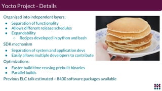 Organized into independent layers:
● Separation of functionality
● Allows different release schedules
● Expandability
○ Recipes developed in python and bash
SDK mechanism
● Separation of system and application devs
● Easily allows multiple developers to contribute
Optimizations:
● Faster build time reusing prebuilt binaries
● Parallel builds
Previous ELC talk estimated ~ 8400 software packages available
Yocto Project - Details
 