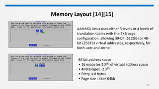 14
Memory Layout [14][15]
AArch64 Linux uses either 3 levels or 4 levels of
translation tables with the 4KB page
configuration, allowing 39-bit (512GB) or 48-
bit (256TB) virtual addresses, respectively, for
both user and kernel.
64 bit address space
• 16 exabytes(1018) of virtual address space
• 4PetaPages (1015)
• Entry is 8 bytes
• Page size : 4kb/ 64kb
 