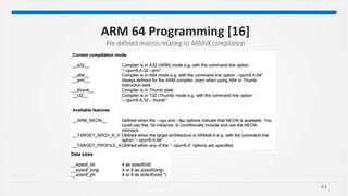 43
ARM 64 Programming [16]
Pre-defined macros relating to ARMv8 compilation
 